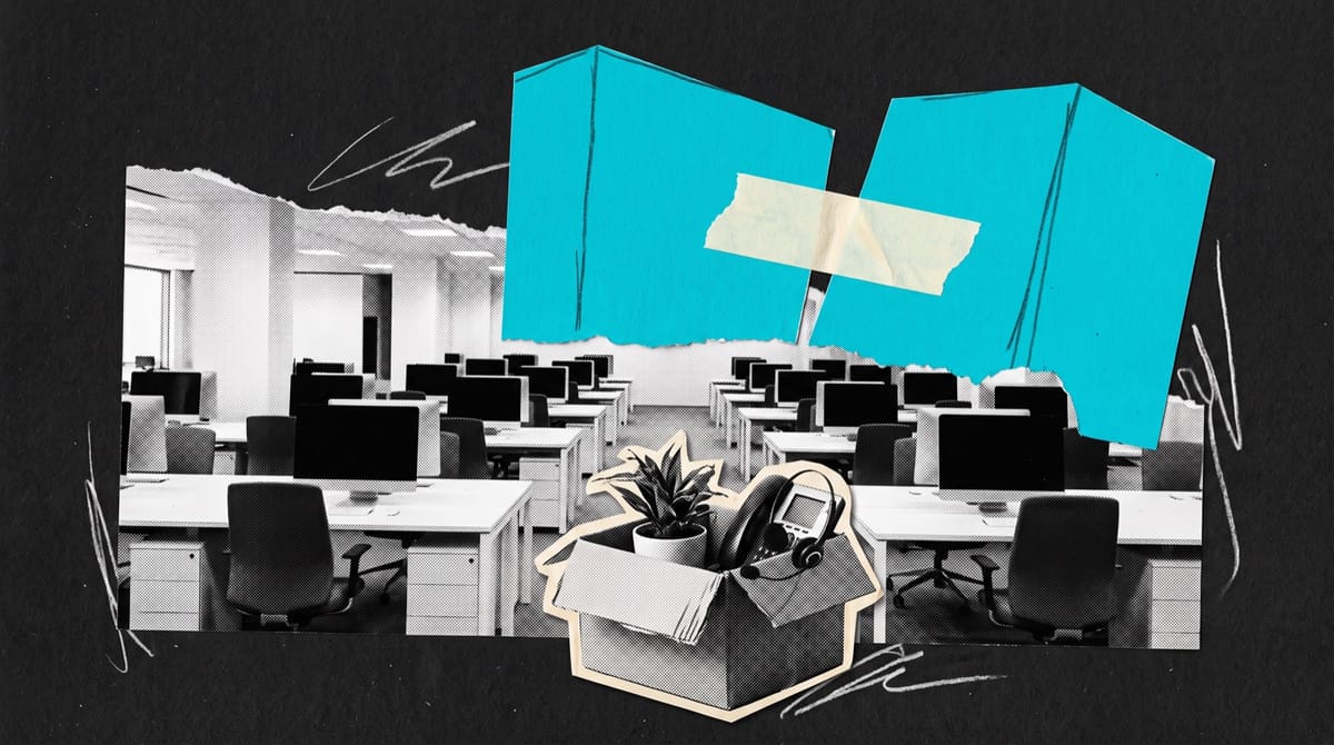 A black-and-white cutout of an open-plan office with rows of empty desks and dark monitors, the office chairs pushed in.