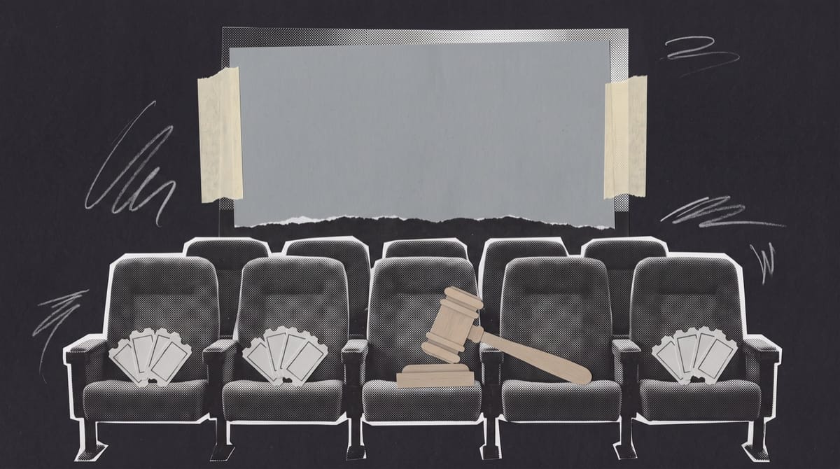 Paper collage of a row of empty cinema seats facing a blank screen, with cut-out tickets fanned across the front row and a wooden gavel on one armrest.