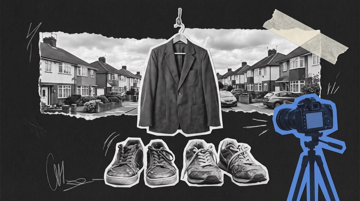 Four black-and-white cutouts of worn adult-sized trainers lined up in a row beneath a small school blazer hanging on a coat hook, clearly outgrown.