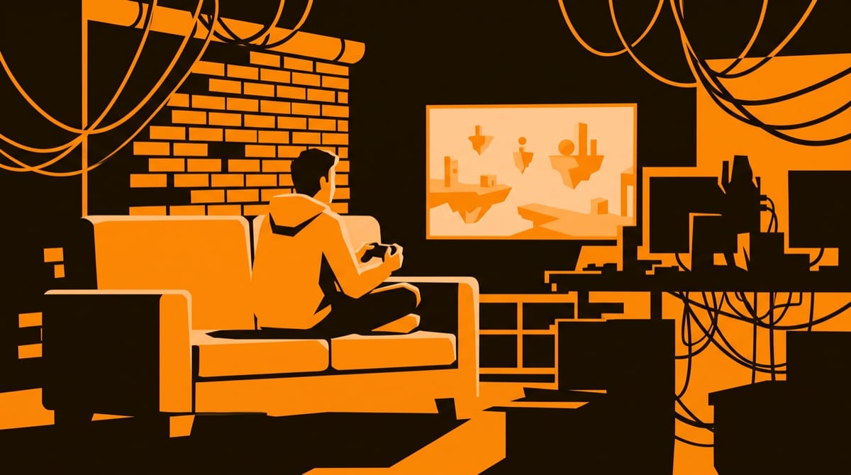A game developer in a hoodie, seen from behind, sits cross-legged on a sofa in a converted loft studio holding a controller, facing a large flat screen that shows an abstract landscape of flo