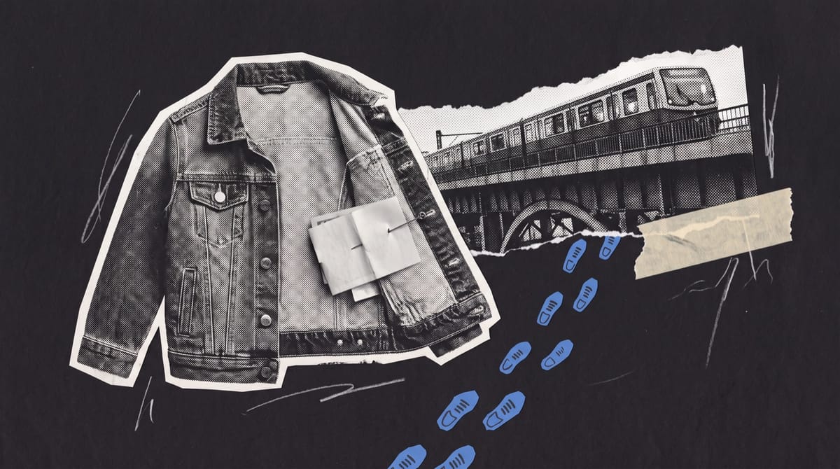 A black-and-white cutout of a child's denim jacket hanging open, with a small fold of plain paper money pinned inside the lining by a single sewing pin.