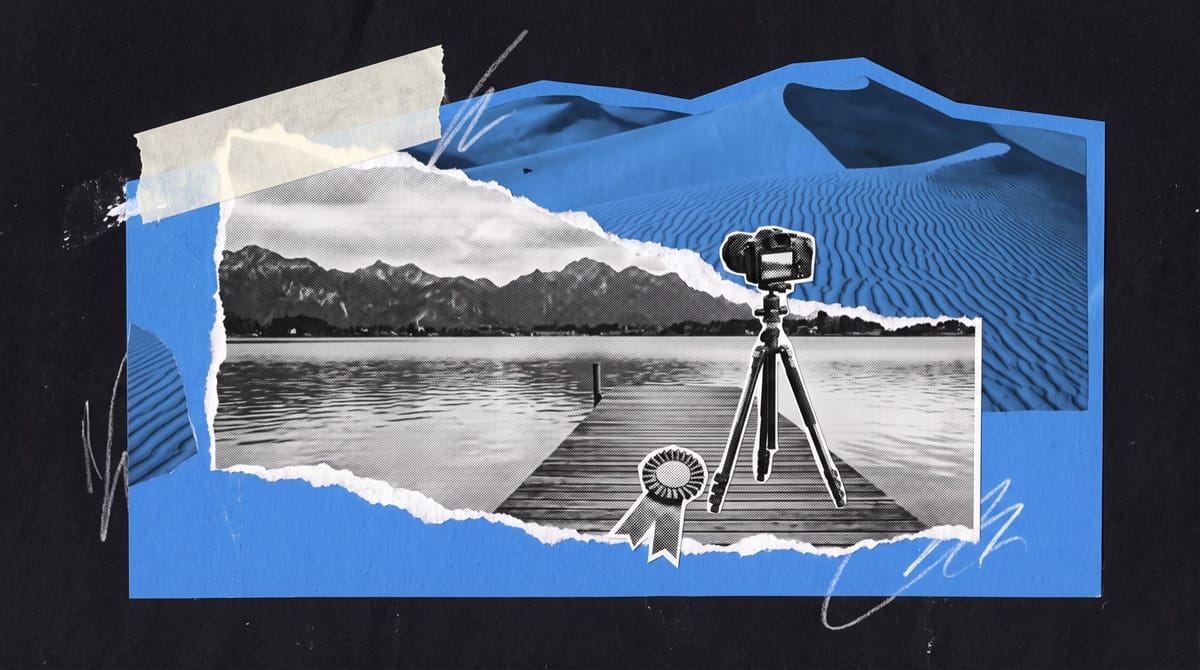 A torn photographic strip of a calm Upper Bavarian lake with a wooden jetty and mountains behind, pasted against a hand-cut blue paper outline of tall, rippled desert dunes.