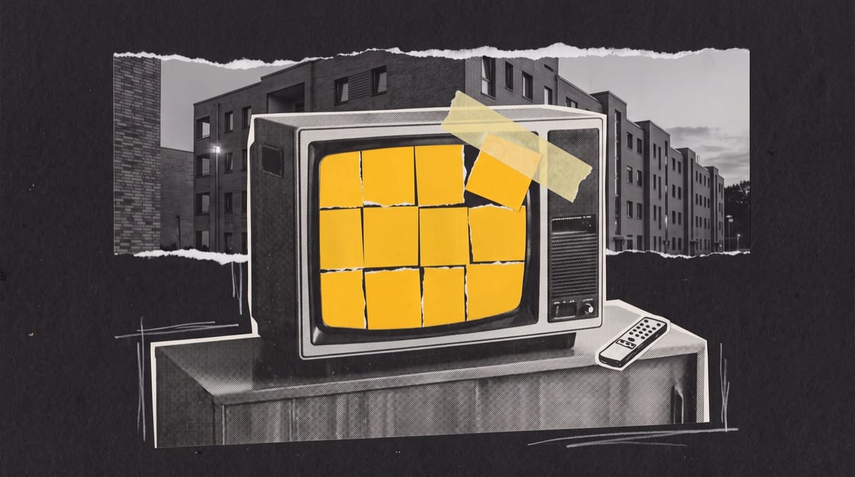 Paper collage of a television on a low sideboard beside a remote, its screen a grid of yellow paper tiles, with an apartment block at dusk behind it.