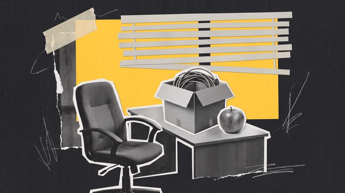 A black-and-white cutout of an empty office chair pushed back from a desk, and on the desk a cardboard box holding a coiled cable with a single whole apple, the ordinary fruit, left beside it