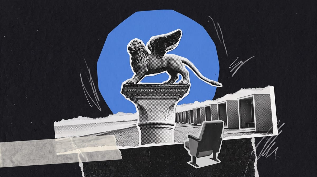A black-and-white cutout of a weathered stone winged lion on top of an old column, set against a torn strip of the Lido shore with a row of modern beach cabins.