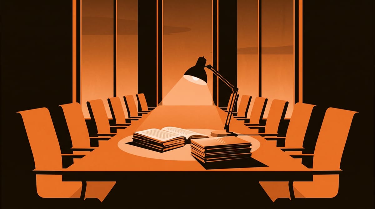 A long conference table seen from one end, receding toward tall windows at dusk.