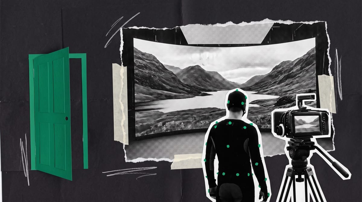 A black-and-white cutout of a curved LED wall in a dark studio, its screen a torn photograph of rugged Scottish hills above a loch.