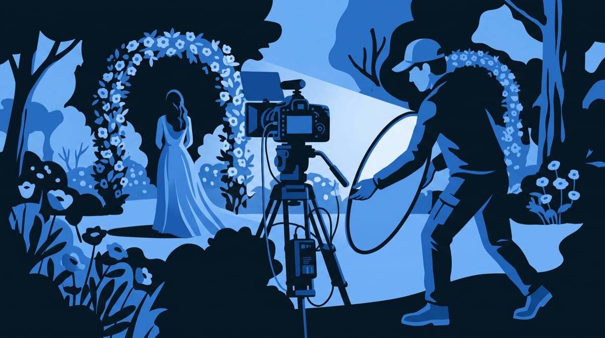 A small crew films a wedding scene in a sunlit garden, a digital cinema camera turned on its side for a tall frame.