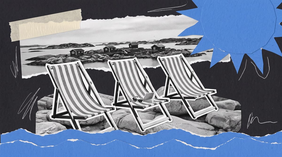 Collage of three striped deck chairs on seaside granite rocks, sunglasses and a paperback on one, below a strip of Norwegian skerries, with a blue paper sun and waves.