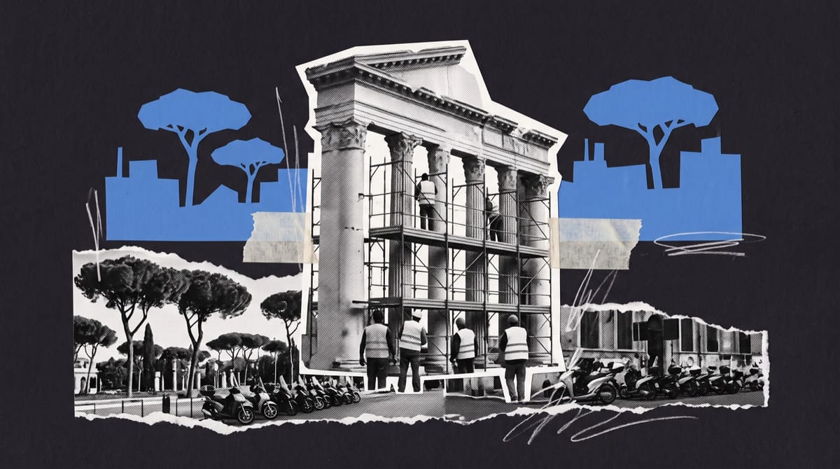 A torn photographic strip of a modern Roman street with umbrella pines and parked scooters along the bottom.