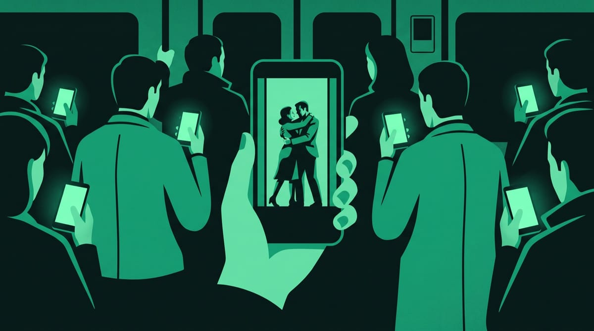 A hand holding a phone upright in a crowded commuter train, the tall screen showing a tiny scene of two figures in a tense embrace.