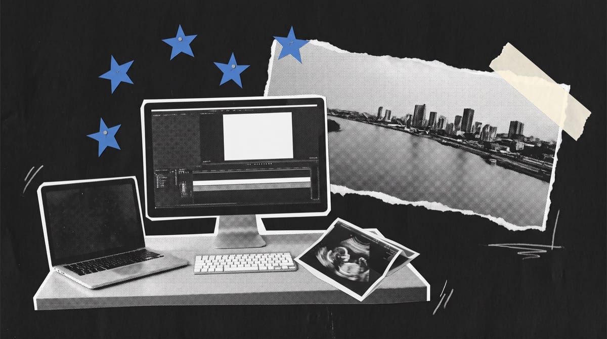 A black-and-white cutout of an editing desk with a laptop and a flat monitor showing a blank timeline, a folded ultrasound printout lying face down beside the keyboard.