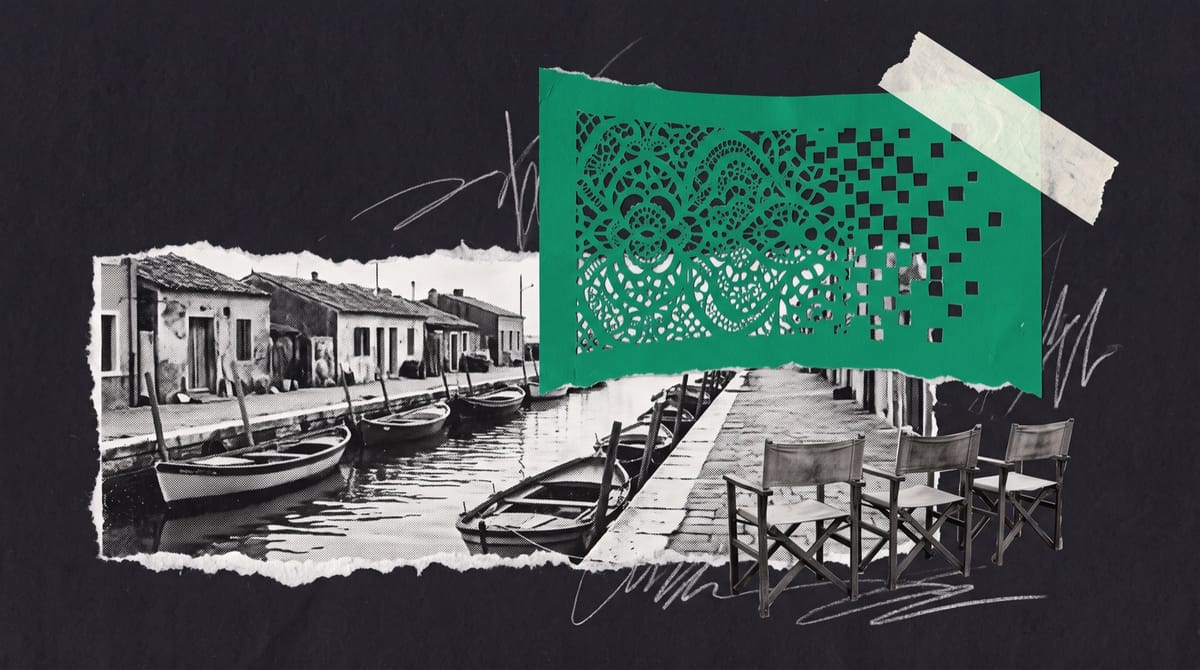 A torn black-and-white strip of a narrow island canal lined with small fishermen's houses and moored wooden boats.