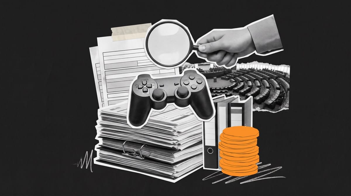 Collage of a gamepad on a stack of forms and binders under a magnifying glass, with empty parliament seats behind and an orange paper coin stack.