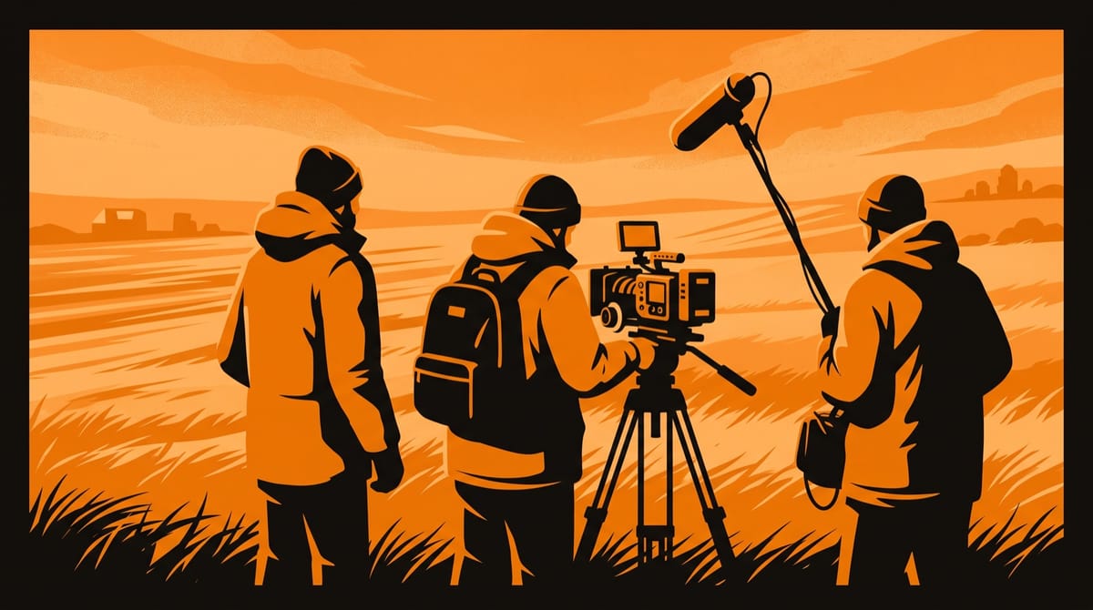 A small film crew in outdoor jackets on a windswept field, seen from behind, around a modern digital cinema camera on a tripod, the grass bent flat under a wide, low sky.