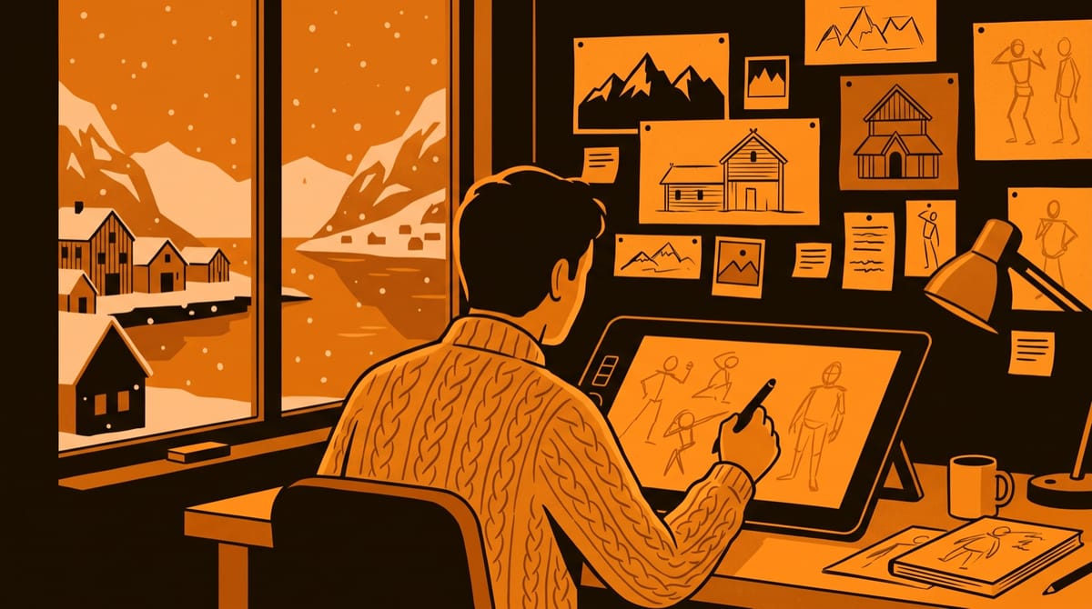 Over the shoulder of an animator in a knitted sweater sketching rough poses on a pen display, at a desk by a window in a small fjord town.