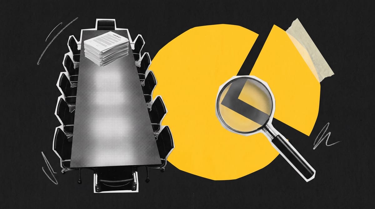 Paper collage of a boardroom table with a stack of contracts beside a yellow circle missing one third, a magnifying glass resting over the gap.