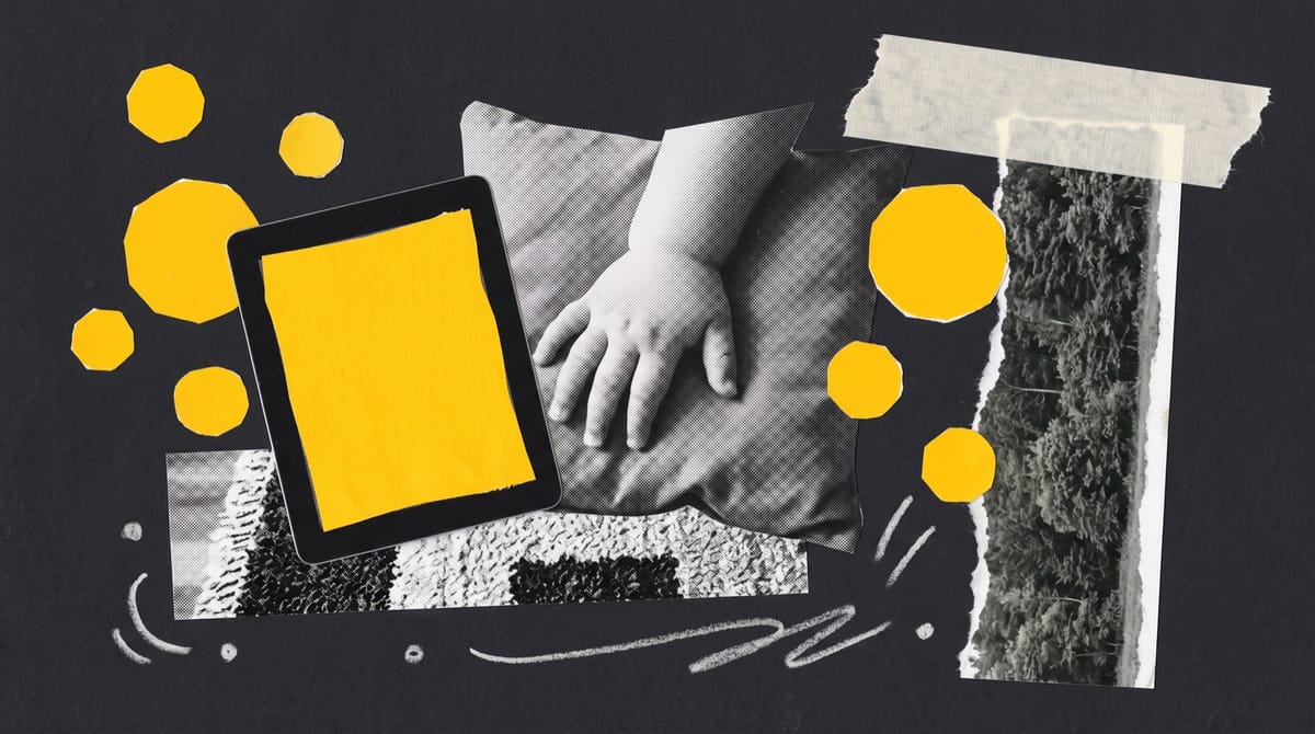 Paper collage of a child's hand on a cushion beside a tablet with a yellow screen, surrounded by yellow paper soap bubbles and a torn strip of forest.