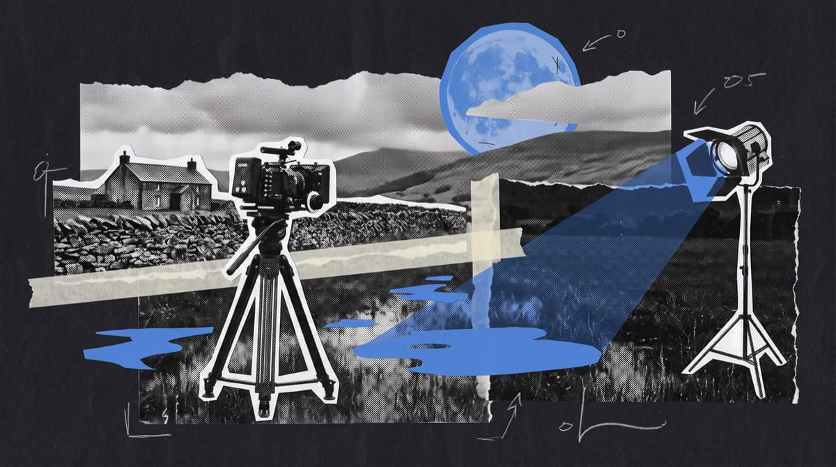 A black-and-white cutout of a digital cinema camera on a tripod in a wet field, with a dry-stone wall and a lone farmhouse behind it under low cloud and hills rolling away.