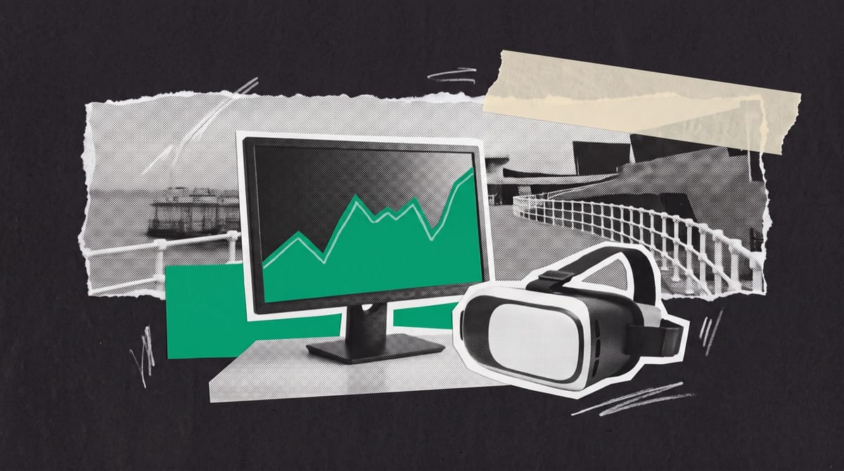 Paper collage of a desk monitor showing a green stream-quality line beside a virtual reality headset, set against a torn photo strip of a seafront promenade.