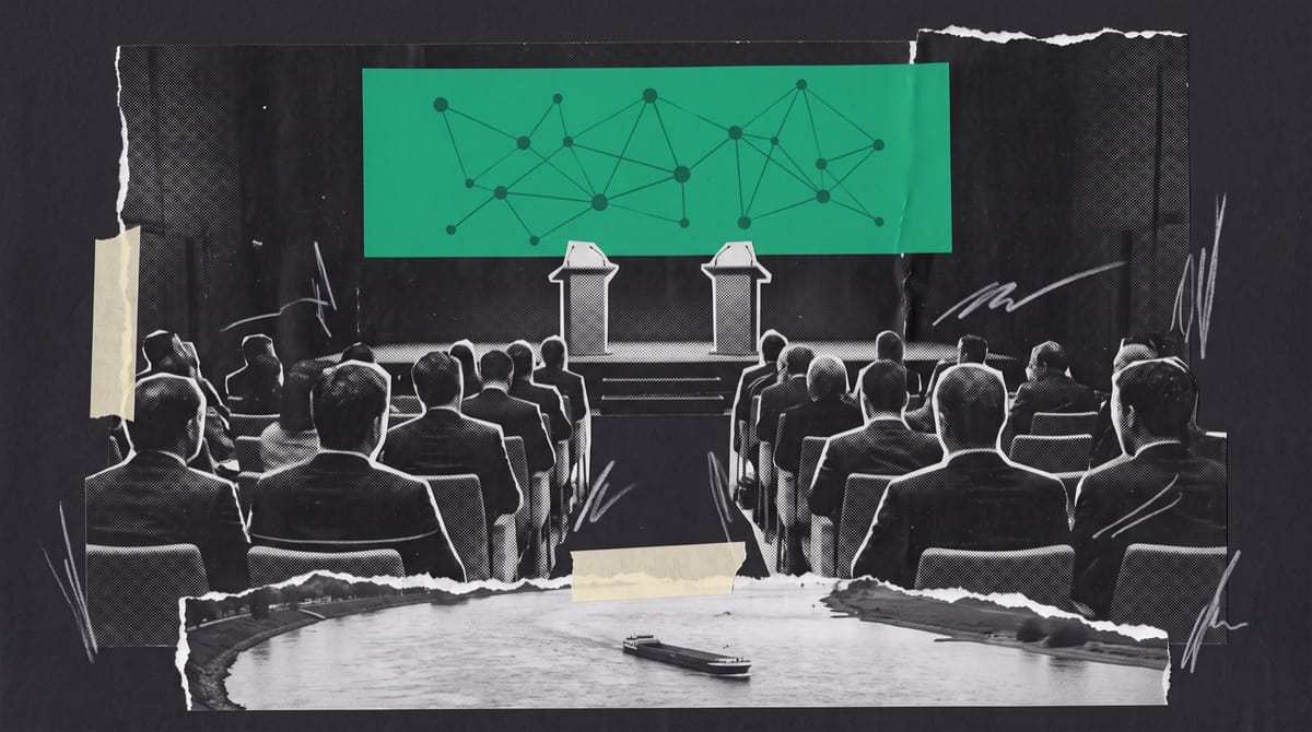 A black-and-white cutout of a conference hall seen from the back row, the seats filled with figures in dark jackets seen from behind, facing a low stage with two empty lecterns side by side.