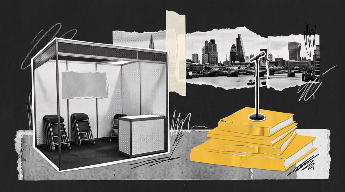 Collage of an empty trade-fair booth with folded chairs beside a yellow paper stack of books forming a small stage with a microphone, against a torn London skyline strip.