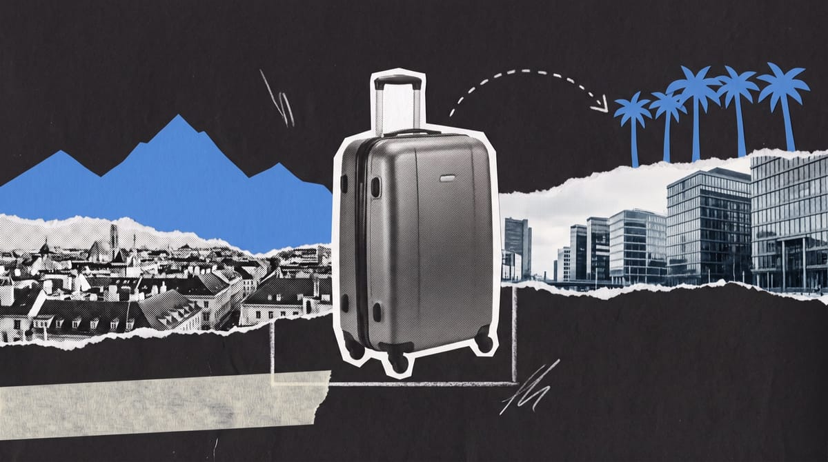 A single black-and-white cutout of a hard-shell travel case standing on a white pencil border line.