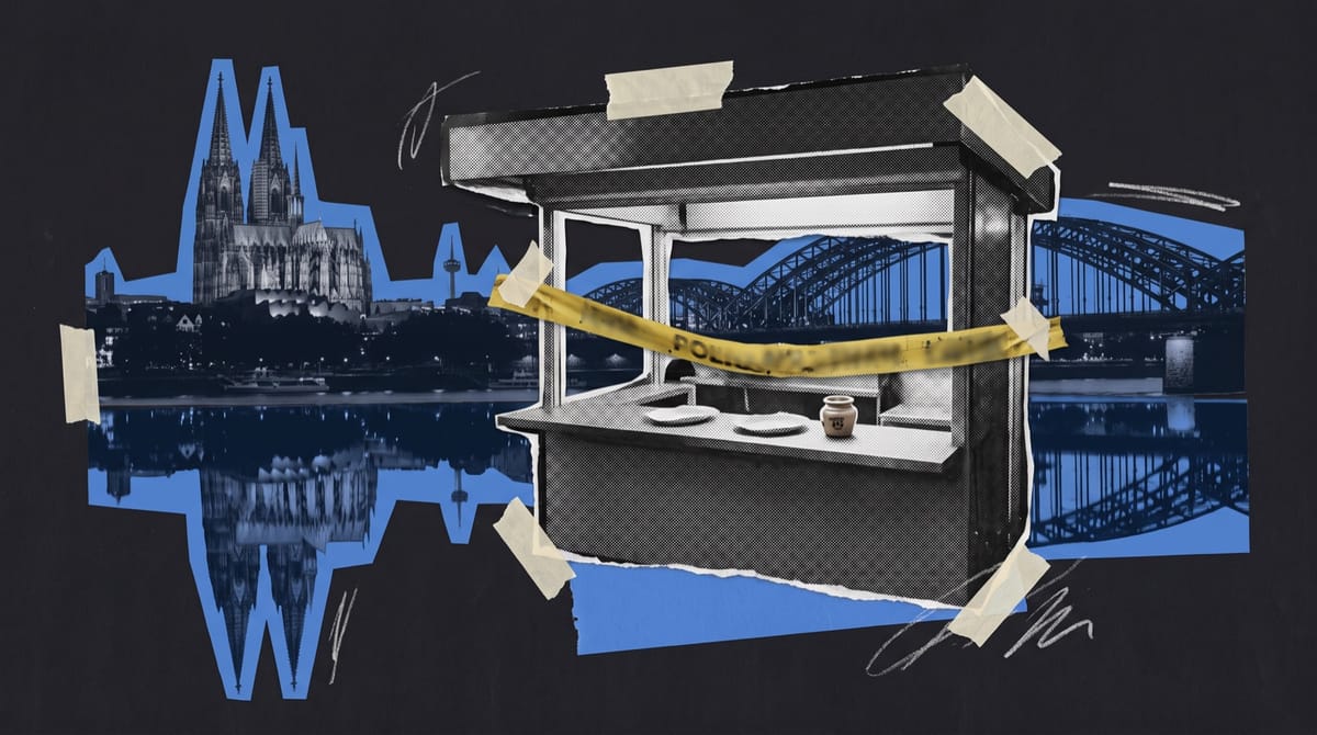 A black-and-white cutout of a small riverbank sausage stand at night, its counter empty except for two paper plates and a single mustard pot, with a strip of police tape sagging across the fr