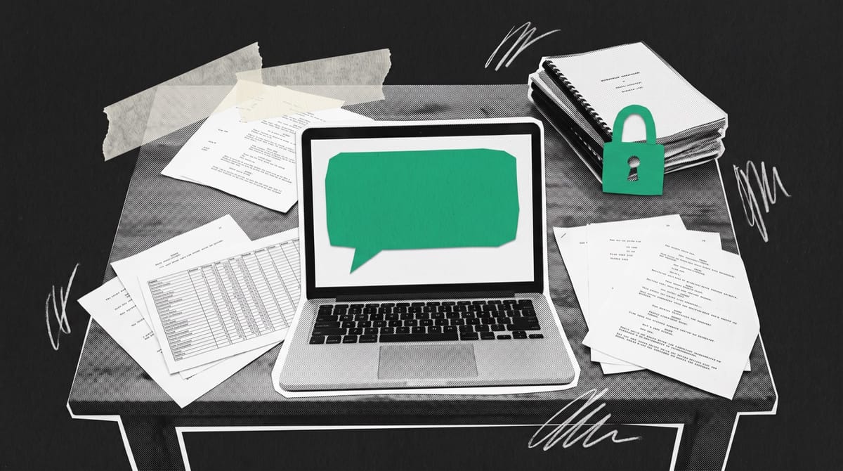 Paper collage of a writers' room table seen from above, with script pages, a spreadsheet, a laptop showing a green speech bubble and a green padlock on bound scripts.