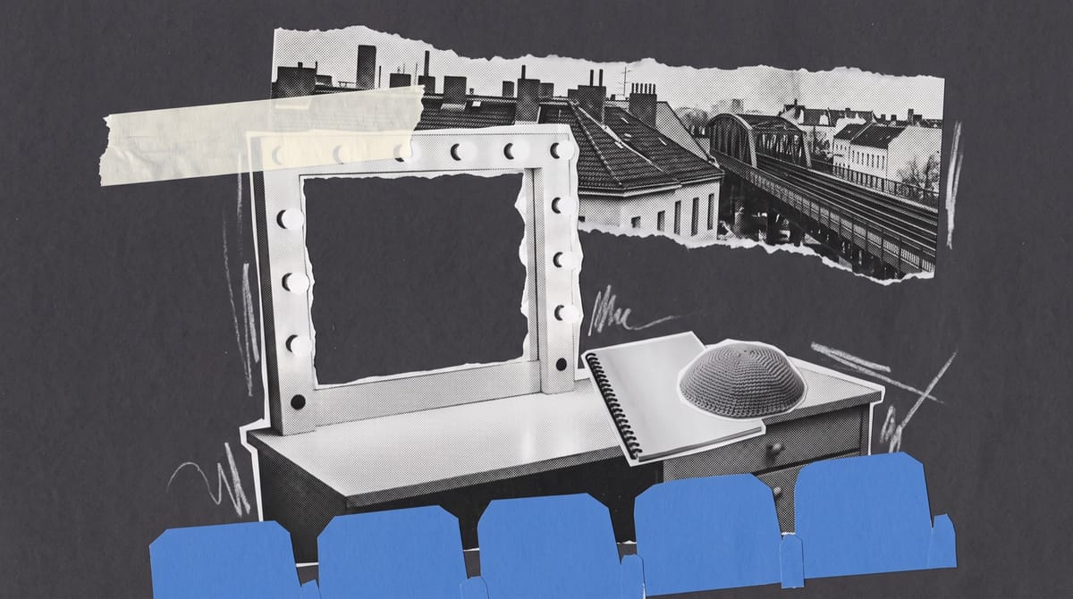 A black-and-white cutout of a dressing-room makeup table with an empty bulb-framed mirror, a bound script and a plain knitted kippah laid carefully beside it.
