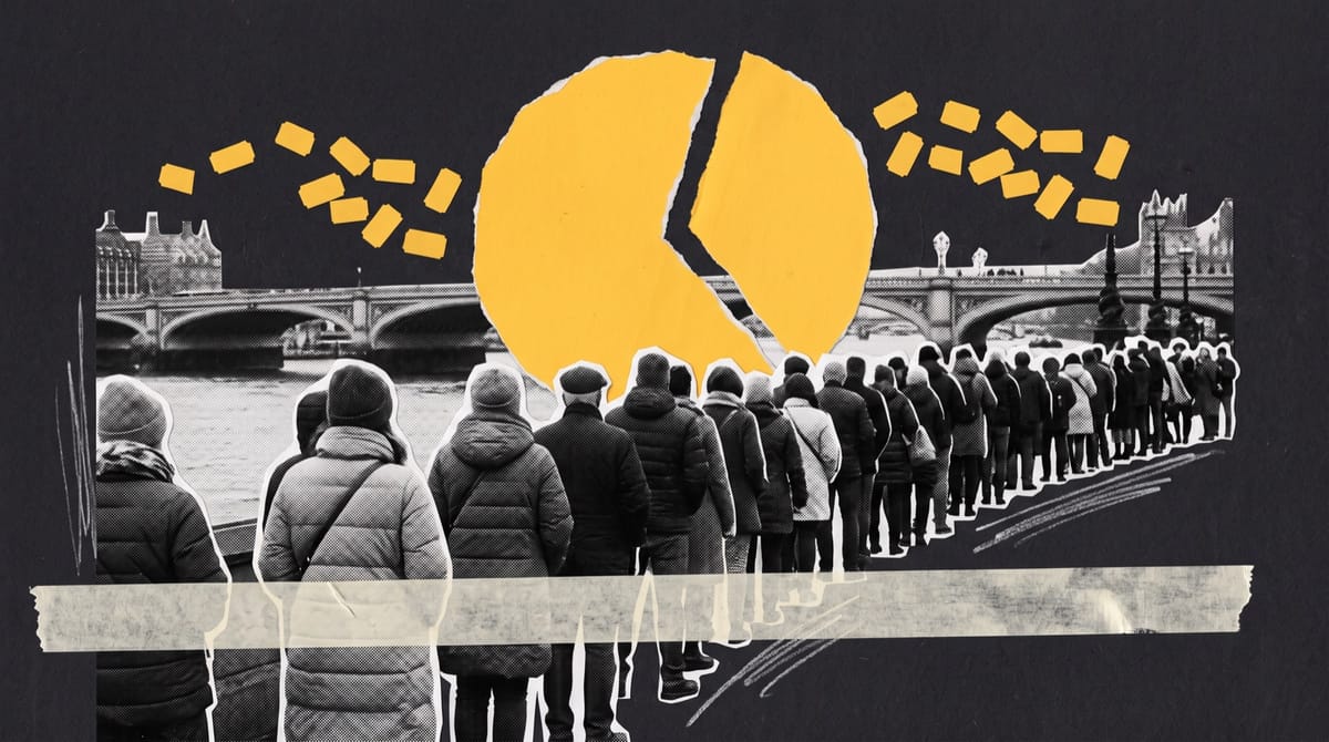 A black-and-white cutout of a long queue of moviegoers in autumn coats and scarves, seen from behind, waiting along a riverside embankment with a stone bridge beyond.