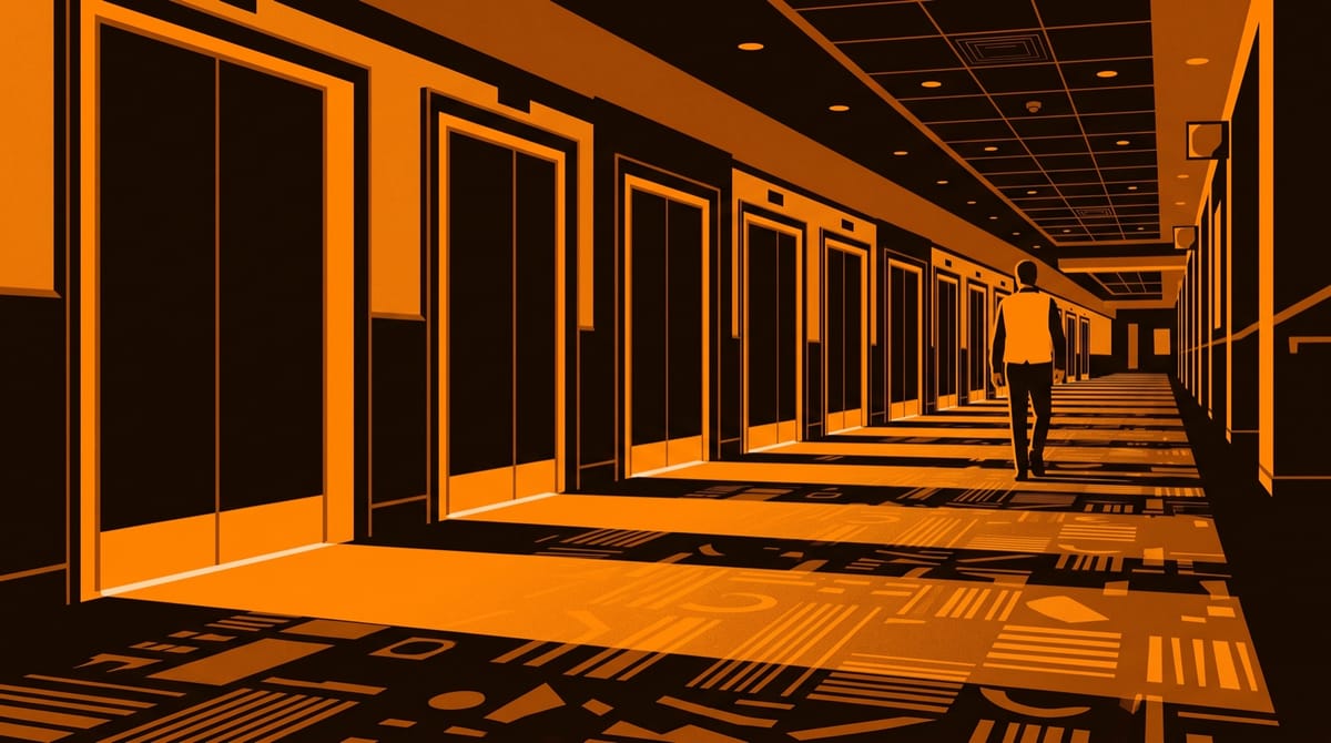 A long multiplex corridor at opening time, seen from floor level, with nine closed auditorium doors in a row.