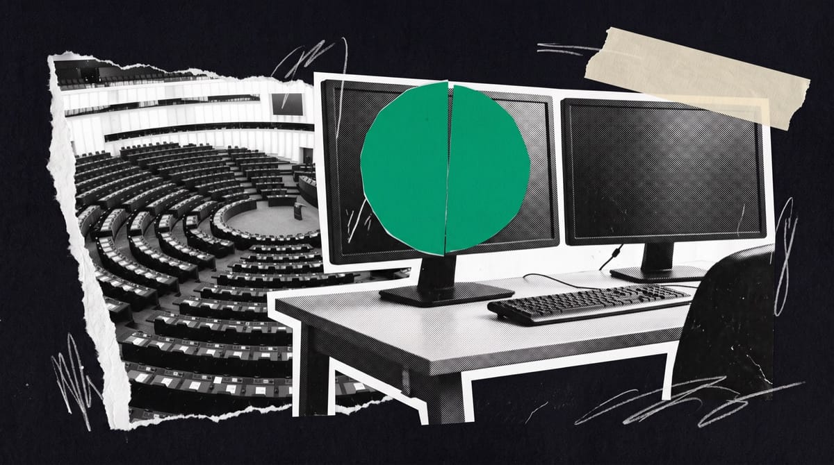 Paper collage of an edit suite desk with two monitors, one showing a green half-cut circle like a pie chart, beside a torn strip of empty assembly chamber seats.