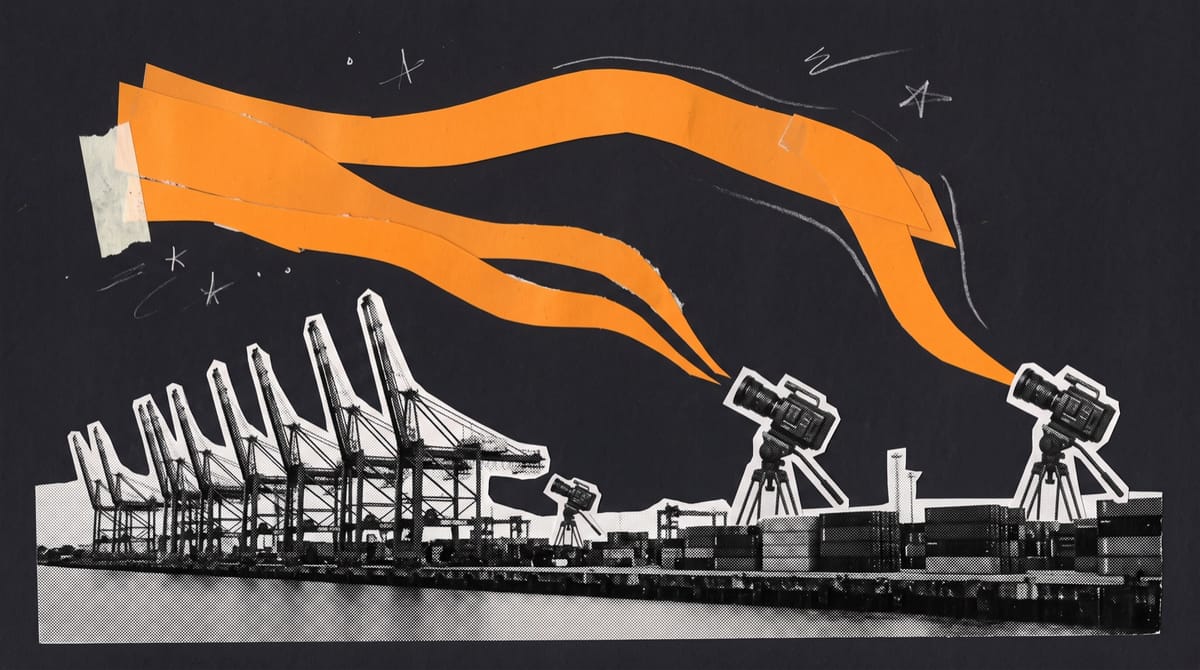 Three hand-cut orange paper ribbons of northern lights sweep across a near-black sky above a torn black-and-white strip of harbour cranes and stacked containers on a wide river.