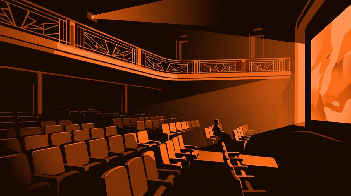 The inside of an old single-screen cinema with an art deco balcony, seen from the back row.