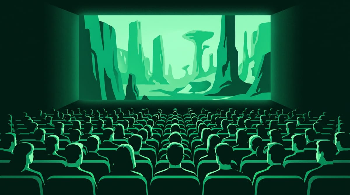 An audience of a few hundred people in casual clothes, seen from the back of a packed screening room, watching a large screen that shows a dreamlike landscape of towering shapes.