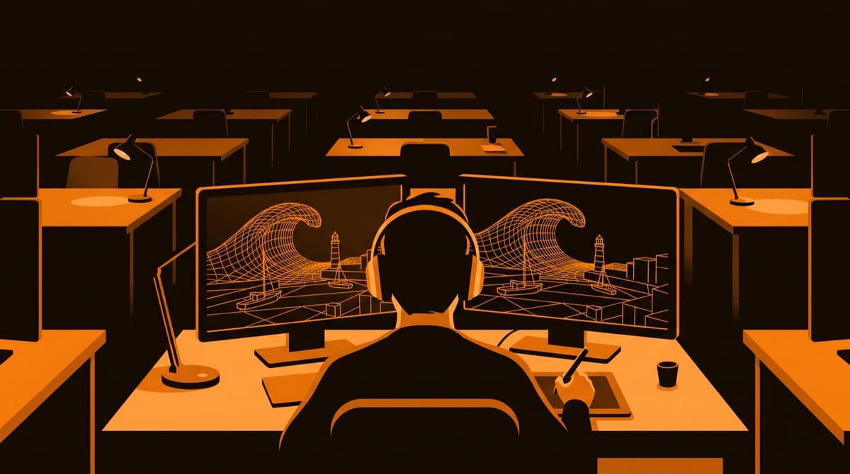 A visual effects artist in headphones, seen from behind, works with a pen tablet in front of two screens showing the wireframe of a huge wave rising over a harbour.