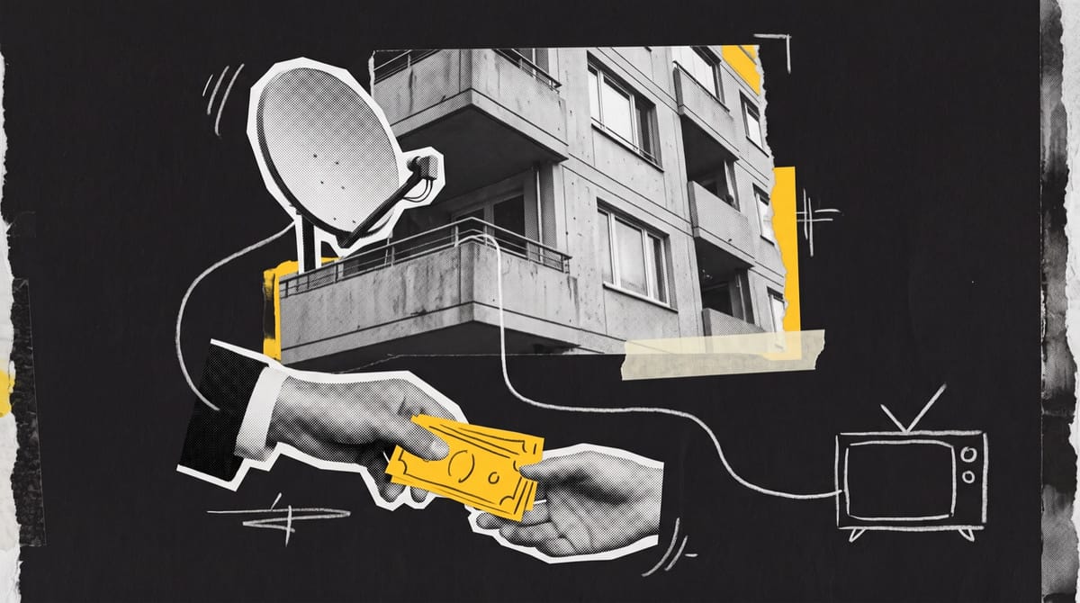 A black-and-white cutout of a satellite dish mounted on the balcony of a modern apartment block.