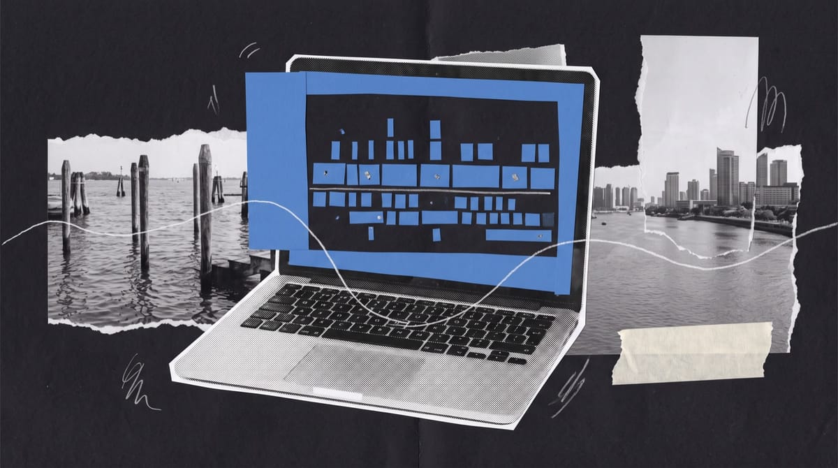 A black-and-white cutout of an open laptop showing an editing timeline, its screen a hand-cut blue paper shape with rows of clip blocks.
