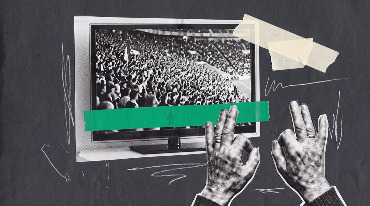 Collage of a wall-mounted television showing a packed sports stadium, a green paper strip across its lower edge, and an older woman's ringed hands signing in the foreground.