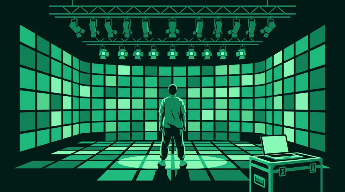 A performer in loose rehearsal clothes, seen from behind, stands alone at the centre of a bare windowless studio while a grid of shifting light patterns wraps the walls and floor around them.