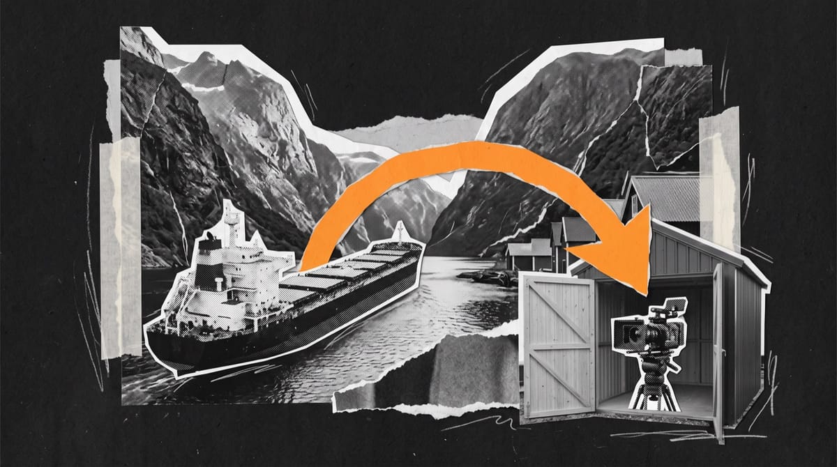 Collage of a huge cargo ship squeezing into a narrow fjord, with an orange paper arrow pointing to a harbour shed holding a cinema camera on a tripod.
