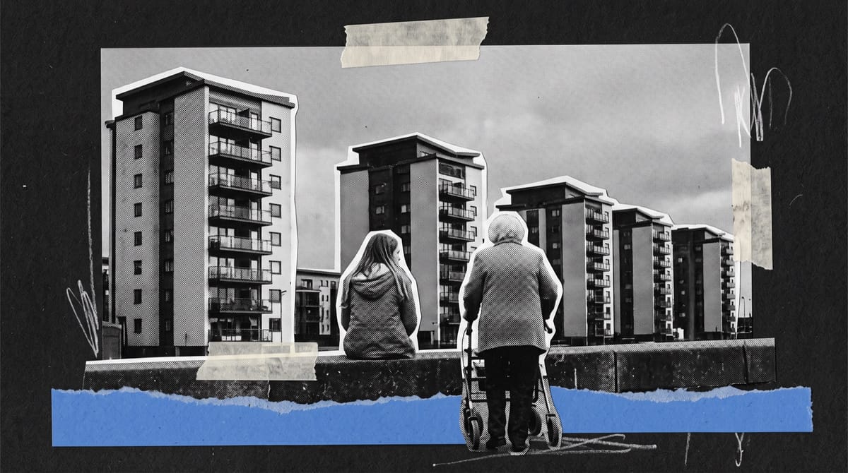 Collage of high-rise housing blocks under a grey sky, a teenage girl and an older woman with a walking frame seen from behind on a wall, blue harbour water below.