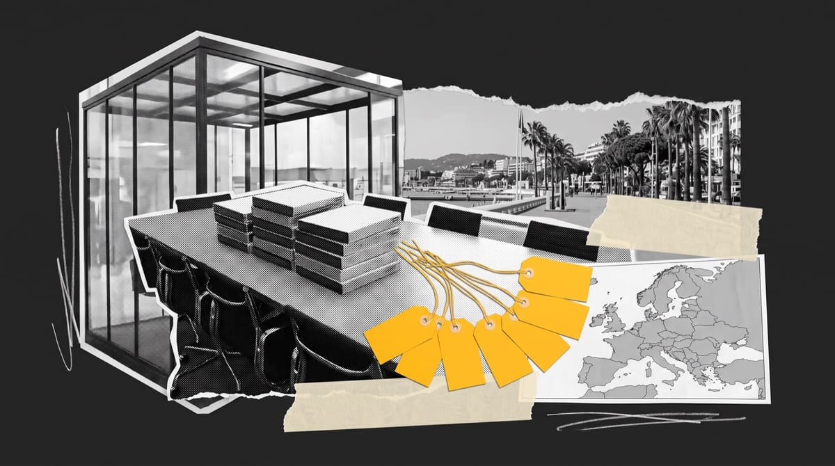 Paper collage of a conference table stacked with hard-drive cases before a torn strip of seafront palms, with yellow luggage tags fanning toward a flat map of Europe.