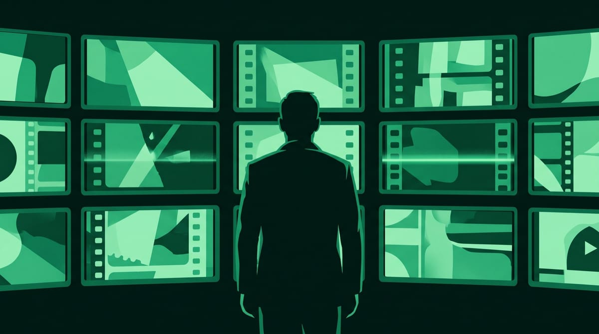 A lone figure in a plain jacket, seen from behind in silhouette, facing a wall of monitors that show abstract film frames.