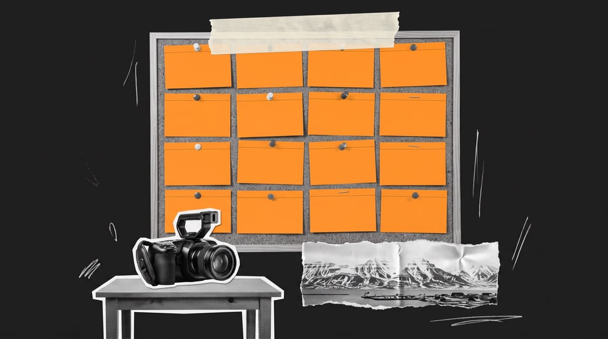 Paper collage of sixteen orange index cards pinned to a corkboard, with a handheld cinema camera and a torn strip of snowy mountains above a small harbour.