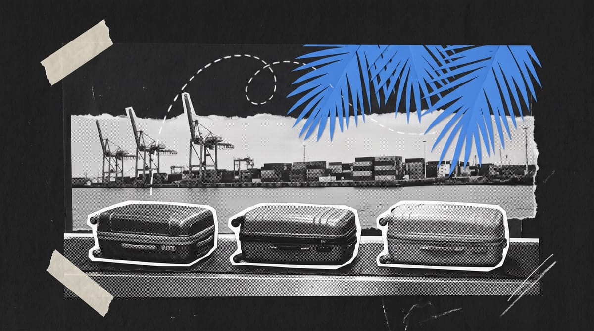 Three black-and-white cutouts of hard-shell travel cases lined up on an airport baggage belt.