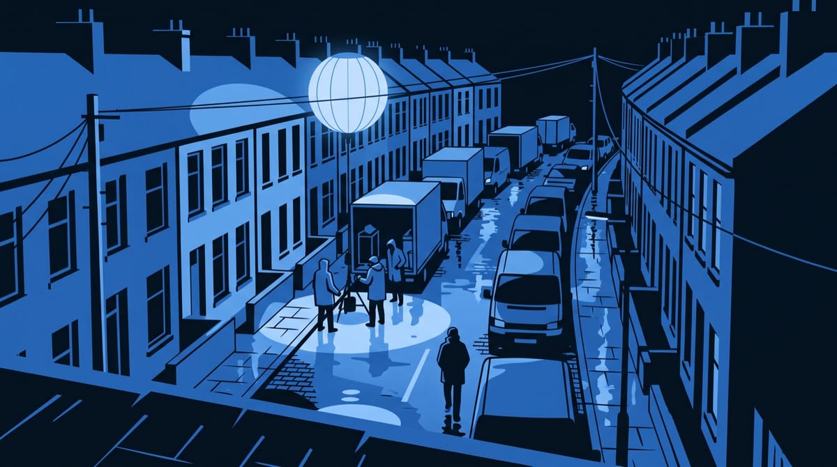 A night shoot on a narrow town street of terraced houses, seen from a rooftop.