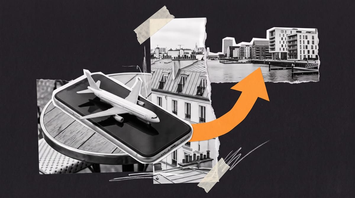 Paper collage of a smartphone on a café table with a toy jet on its screen, an orange arrow curving from Paris rooftops to a Copenhagen harbourfront.