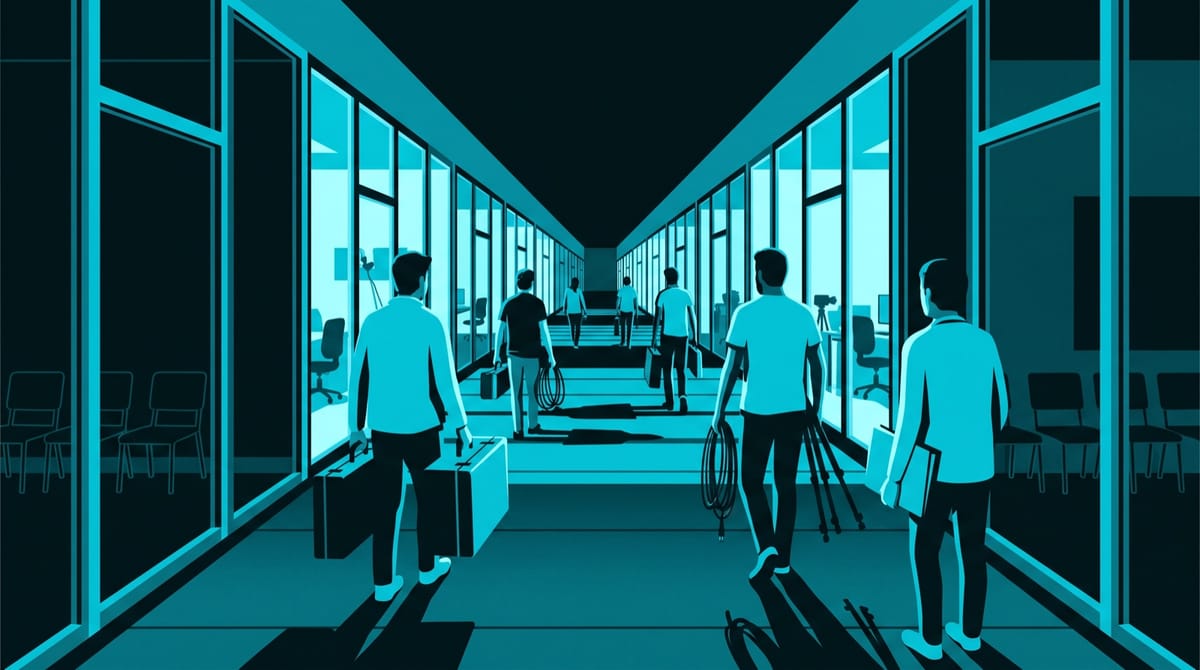 A long corridor inside a large production company, seen from the far end, lined with identical glass-walled rooms.